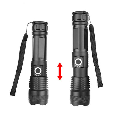 A durable, waterproof USB rechargeable flashlight with adjustable zoom and powerful LED light.