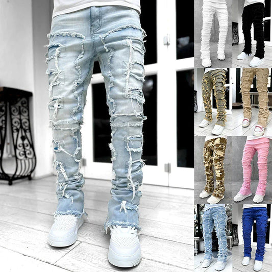 Stylish patched jeans with tight fit and stacked leg design in a variety of fashionable colors
