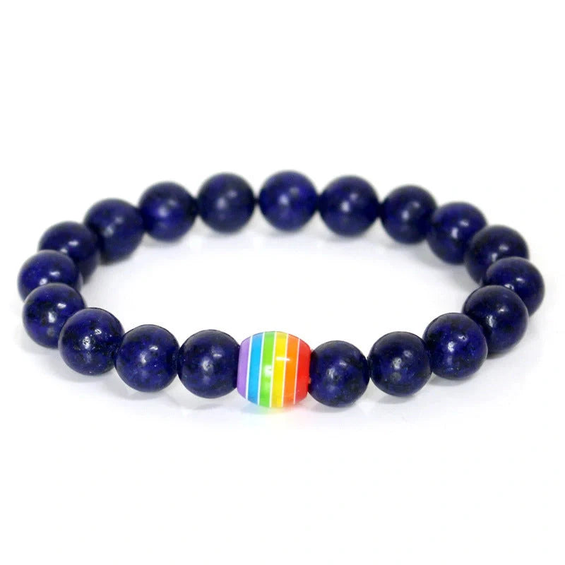 Pride Rainbow Bead Bracelet featuring natural stones in vibrant colours, perfect for unisex wear.