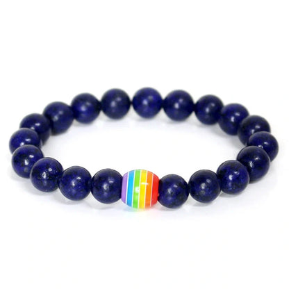 Pride Rainbow Bead Bracelet featuring natural stones in vibrant colours, perfect for unisex wear.