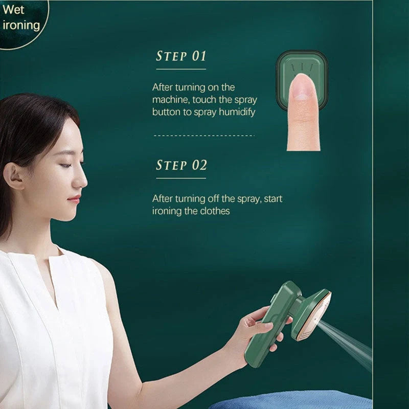 Handheld garment steamer in green, compact and lightweight for easy ironing and cleaning