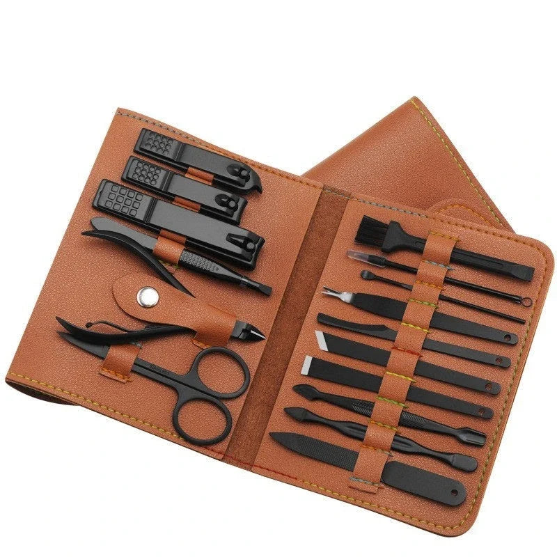 A 16-piece premium manicure and pedicure set with stainless steel tools and a stylish leather case