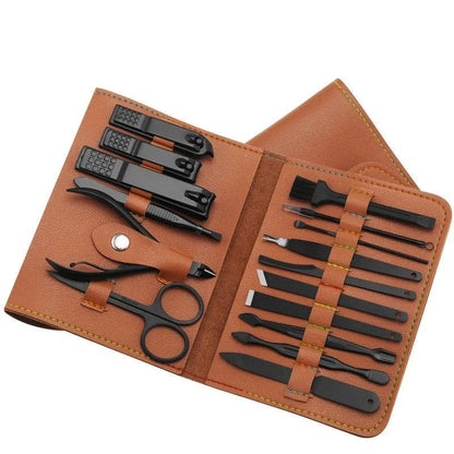 A 16-piece premium manicure and pedicure set with stainless steel tools and a stylish leather case