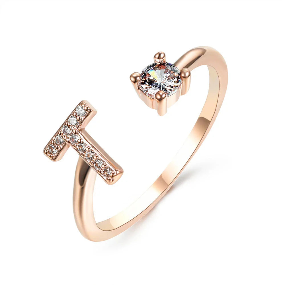 Customizable adjustable ring with 26 letters for women, featuring zircon stones and copper alloy construction