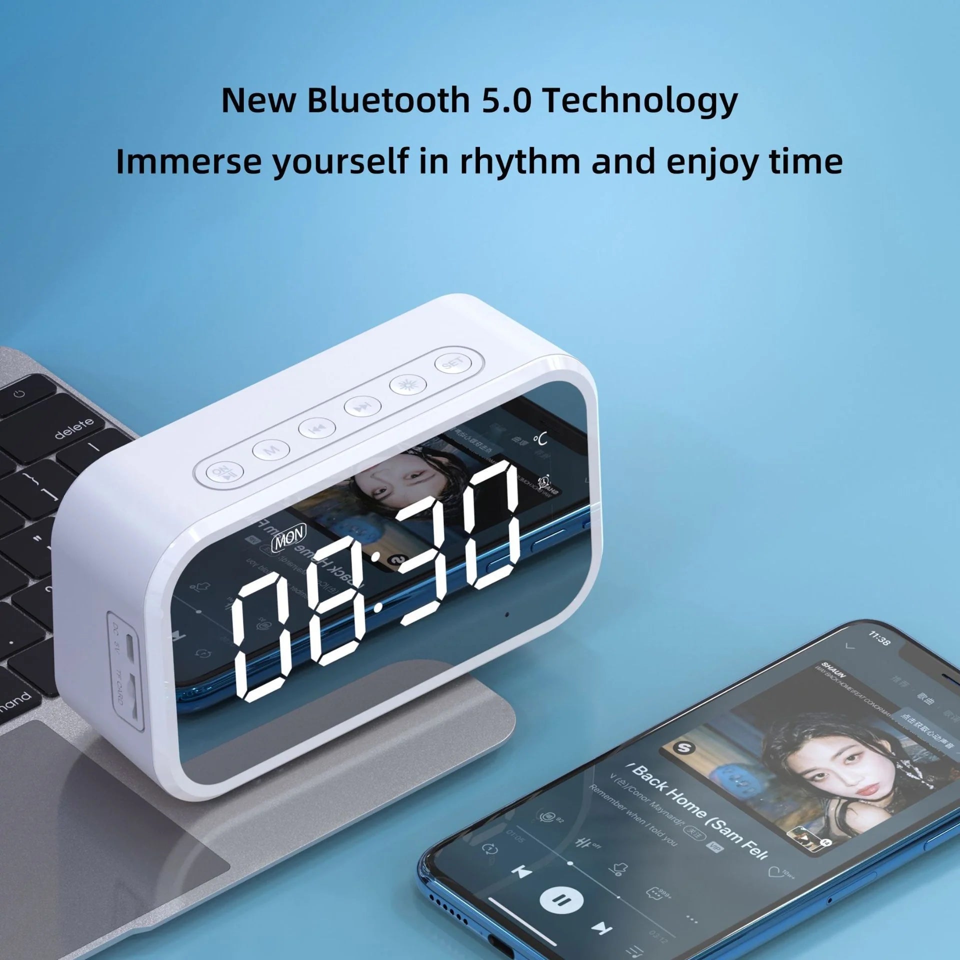 Desktop Alarm Clock with Bluetooth Wireless Audio in black, pink, or white