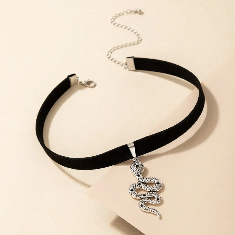 Witchy Gothic Grunge Velvet Choker Necklace in silver and gold with baroque snake design