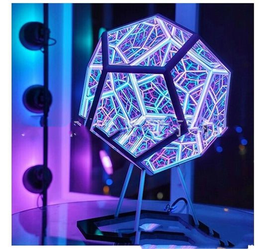 Infinite Dodecahedron LED Galaxy Projector Lamp displaying colourful lighting patterns