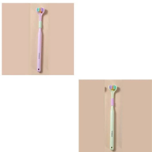 Soft bristle toothbrush with 3-sided brush head for thorough dental cleaning