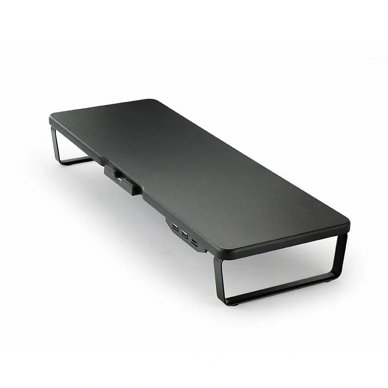 Ergonomic monitor holder riser with USB ports and cell phone holder in dark wood finish