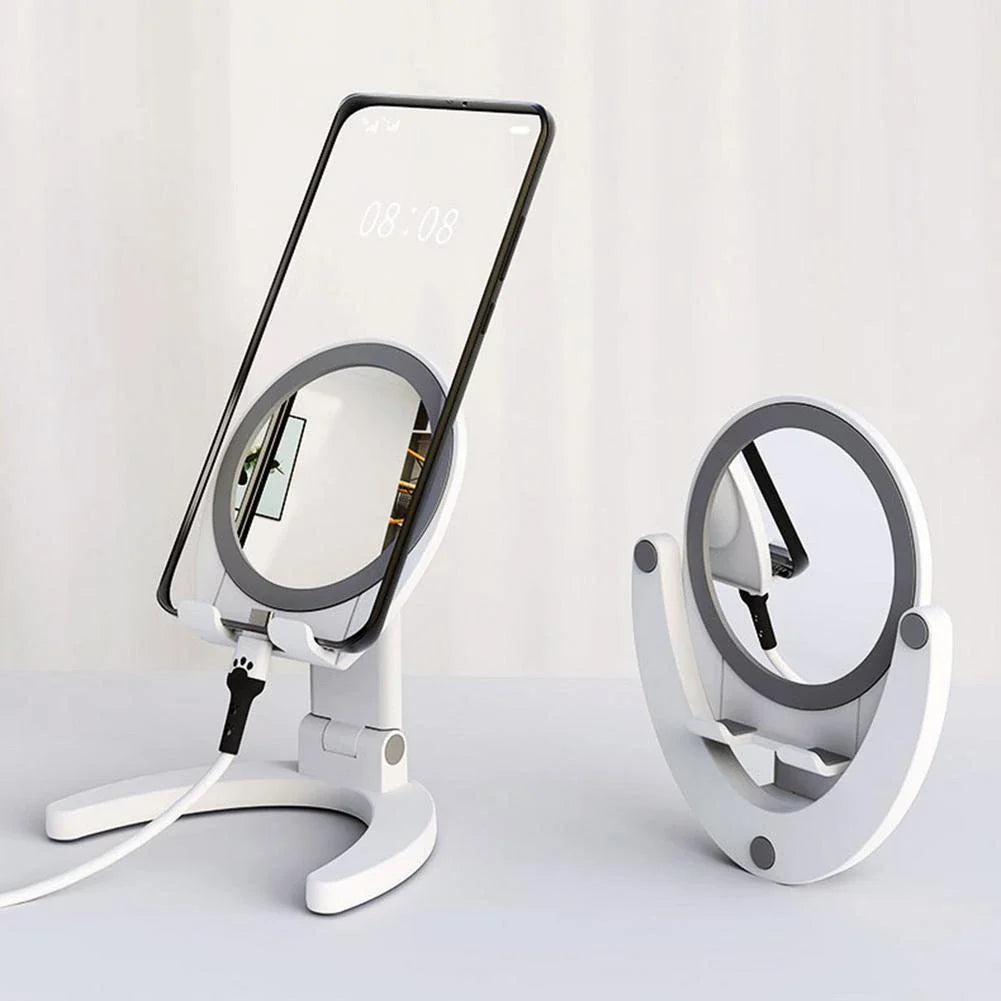 Adjustable makeup mirror phone holder with various angle and color options for hands-free mobile use, grooming, and entertainment.