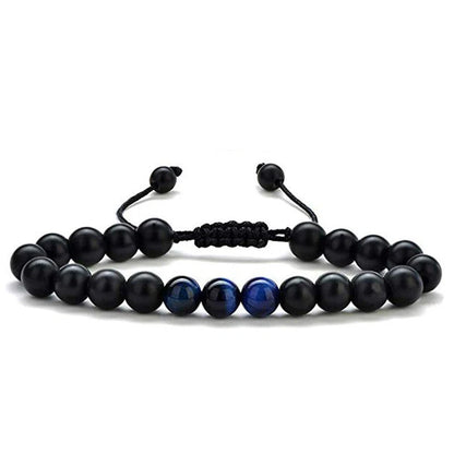 Matte black agate beads and tiger eye couple bracelets with geometric design