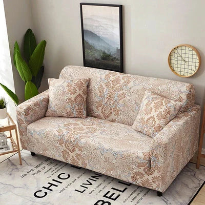 Stretchable geometric print sofa cover on a three-seater sofa
