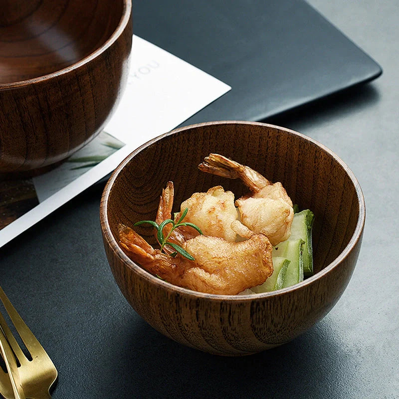 Handmade Japanese style wooden bowls in three sizes for rice, soup, and salad