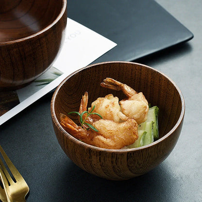 Handmade Japanese style wooden bowls in three sizes for rice, soup, and salad