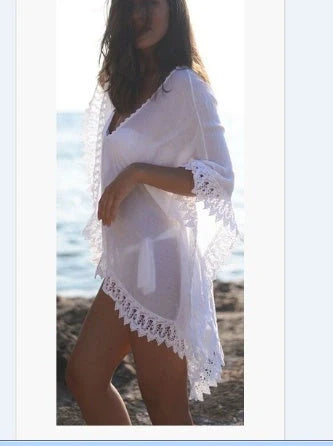 Women's cotton beach bikini lace white blouse for swimming and wading