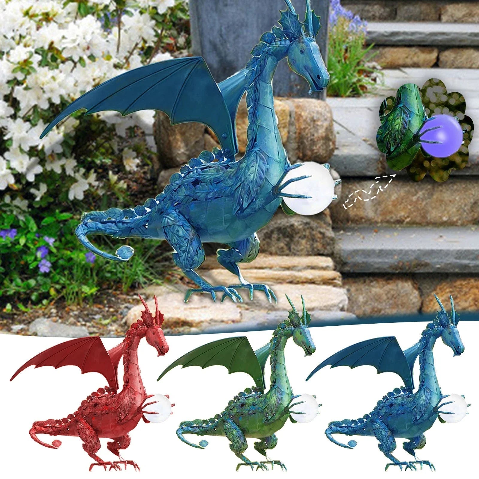 Enchanting green dragon garden statue with serene expression and solar-powered illuminating orb