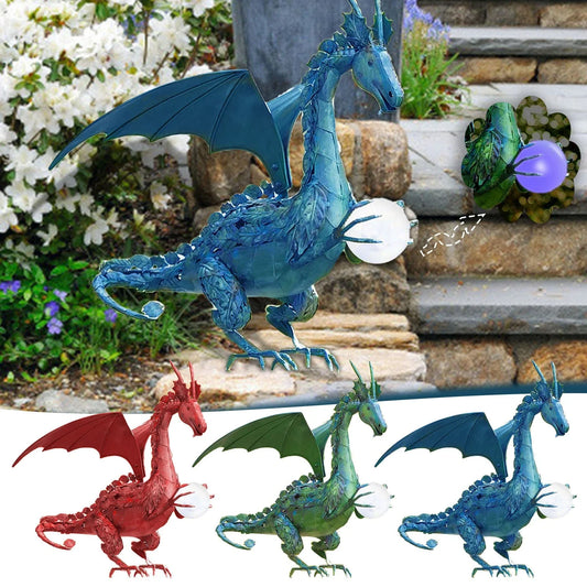 Enchanting green dragon garden statue with serene expression and solar-powered illuminating orb