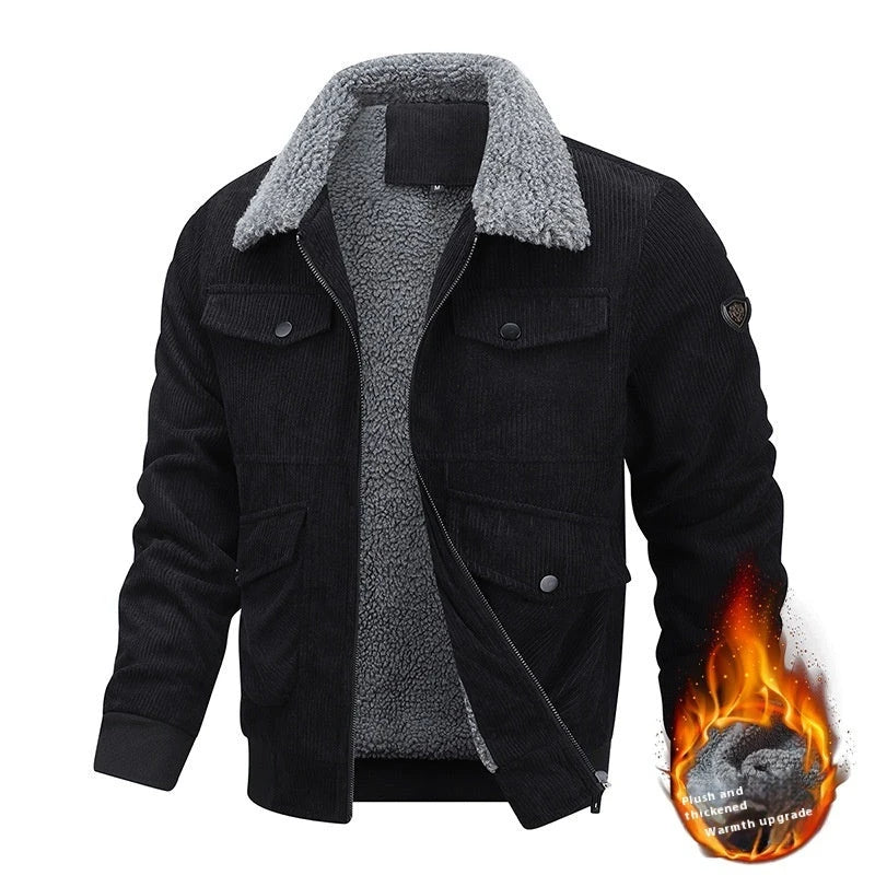 Men's fleece jacket with a lapel design, pockets, and available in multiple colors