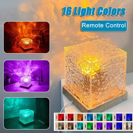 Enchanting water ripple ambient light with 16 color options, remote control, and rotatable design