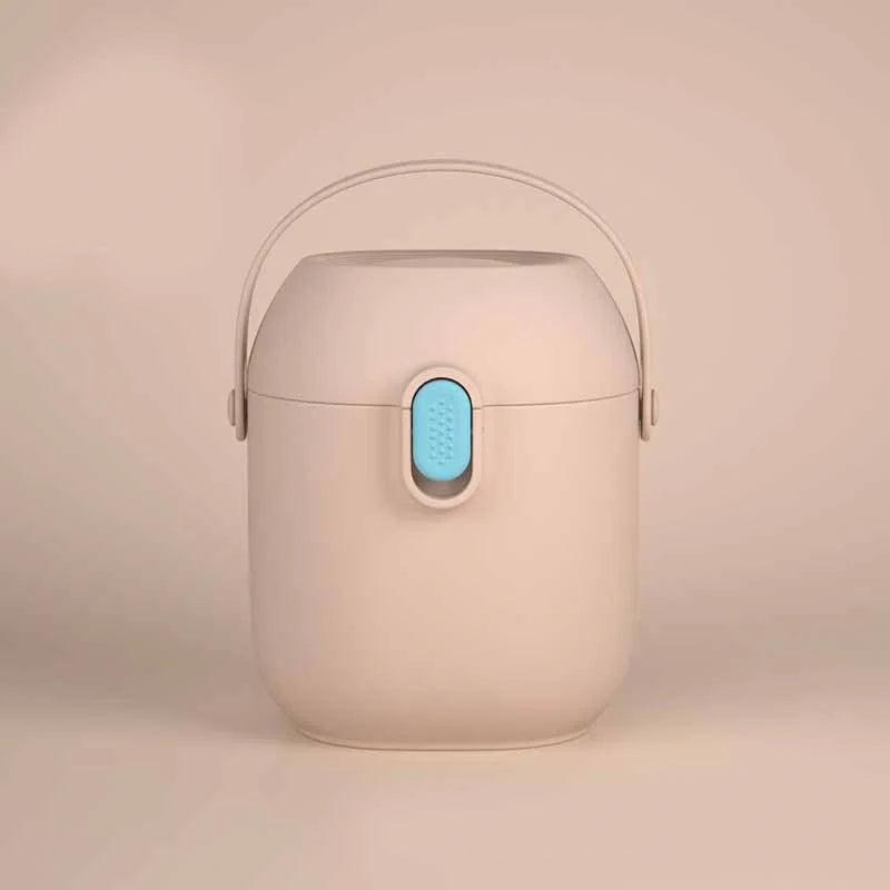 Large airtight baby milk powder storage container with scoop in peacock blue, olive green, and rouge powder