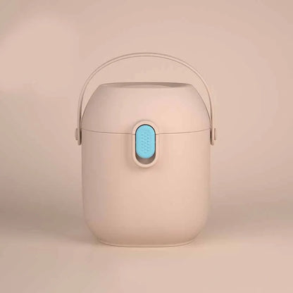 Large airtight baby milk powder storage container with scoop in peacock blue, olive green, and rouge powder