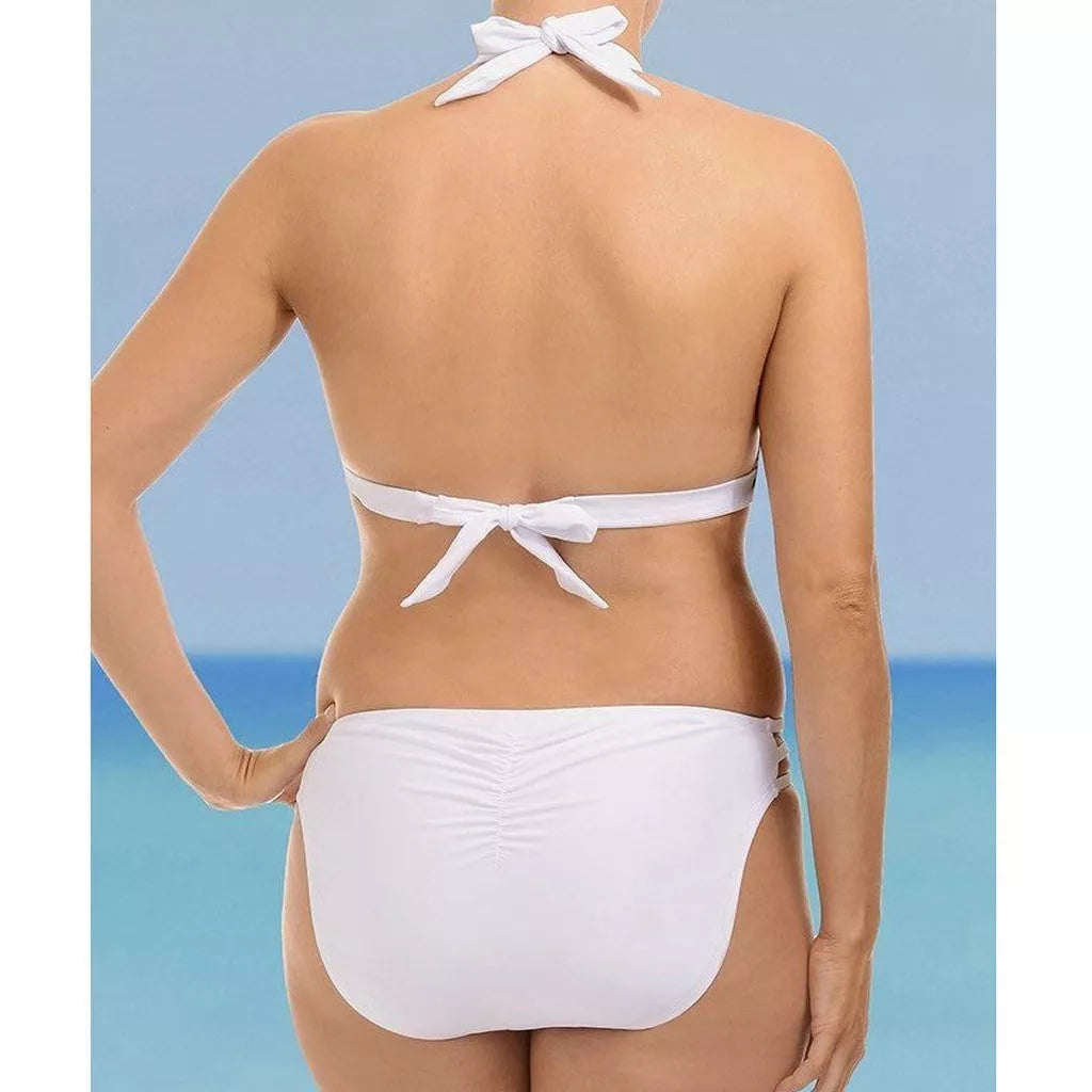 Women's split solid bikini in black and white, made from durable nylon fabric