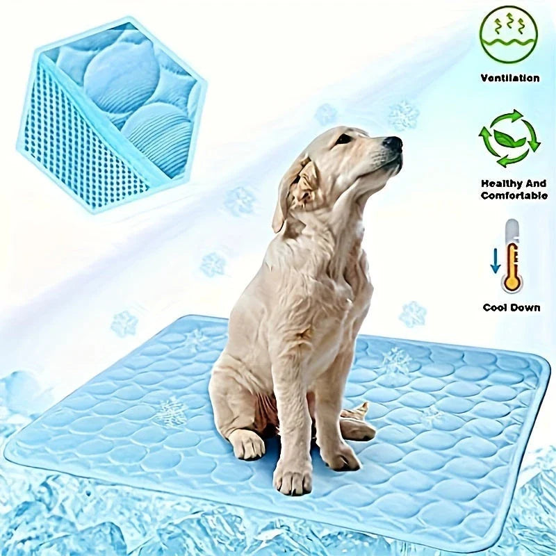 A cooling mat for pets in various sizes and colors, designed to provide refreshing comfort and temperature regulation.