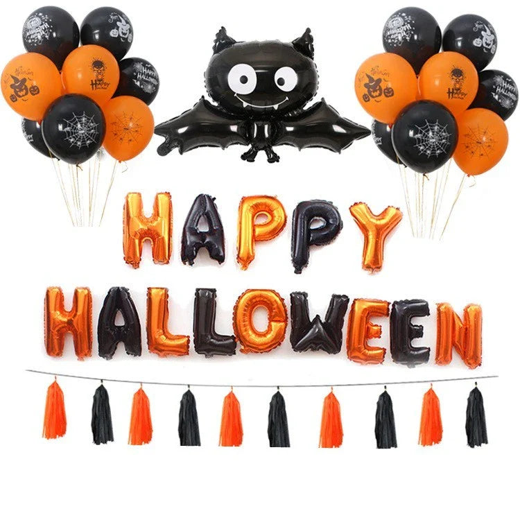 Spooky Halloween balloon decorations featuring pumpkins and bats in various styles