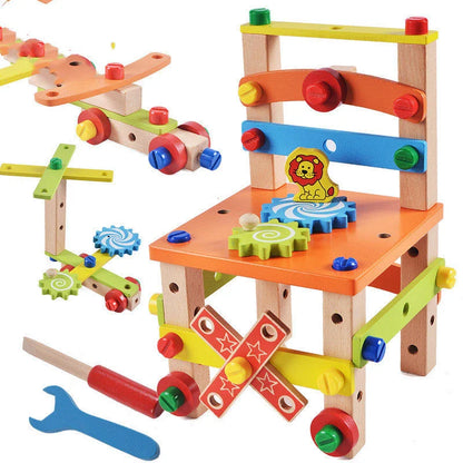 Premium quality wooden building block chair toy for children, featuring smooth surfaces and innovative nut-based assembly system for endless creative possibilities.