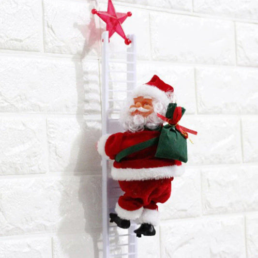 Festive Santa Claus Climbing Ladder - Automated Holiday Decoration with Red Ladder and Cheerful Music