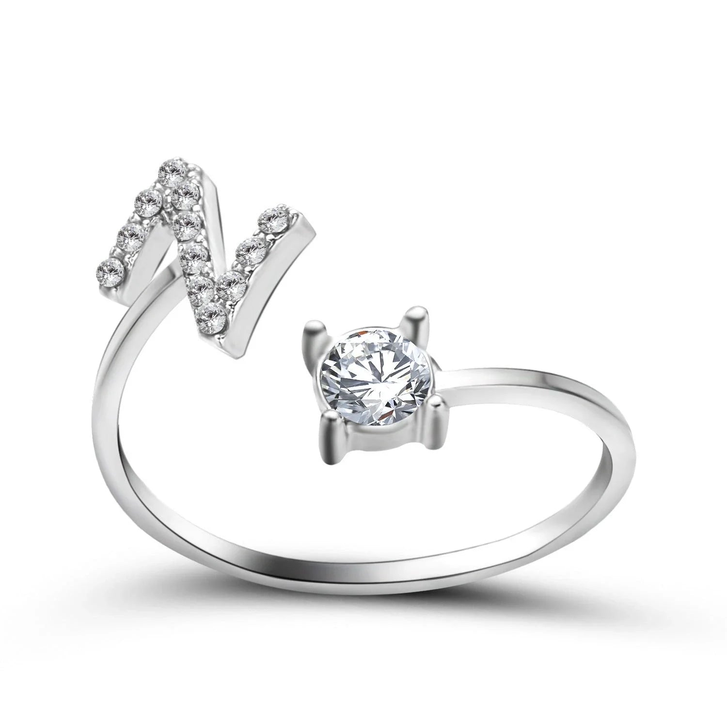 Customizable adjustable ring with 26 letters for women, featuring zircon stones and copper alloy construction