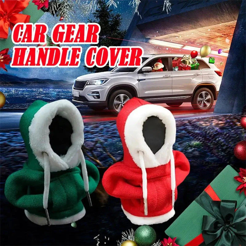 Christmas Hoodie Car Gearshift Cover in red and green, handmade from hoodie fabric