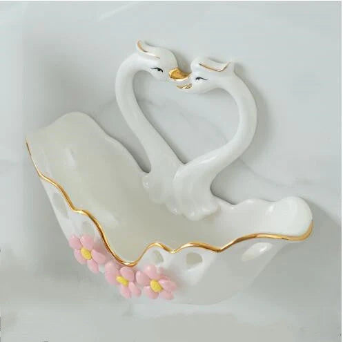Ceramic Swan Soap Box in green, white, and pink with suction cup for wall mounting