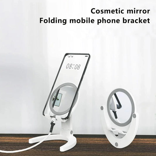 Adjustable makeup mirror phone holder with various angle and color options for hands-free mobile use, grooming, and entertainment.