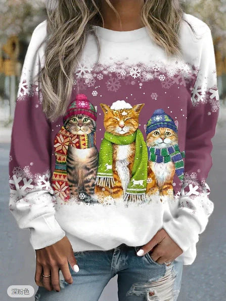 Women's Christmas Snowman and Cat Printed Long Sleeve T-shirt in various colours