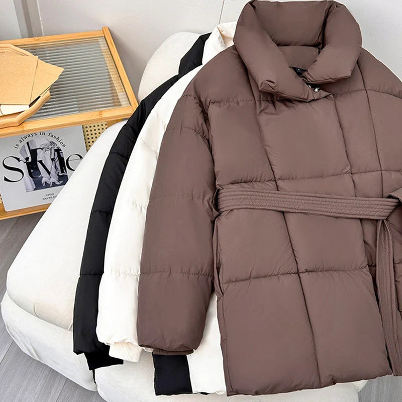 Women's Warm Lapel Plaid Coat with Belt in Black, White, and Brown