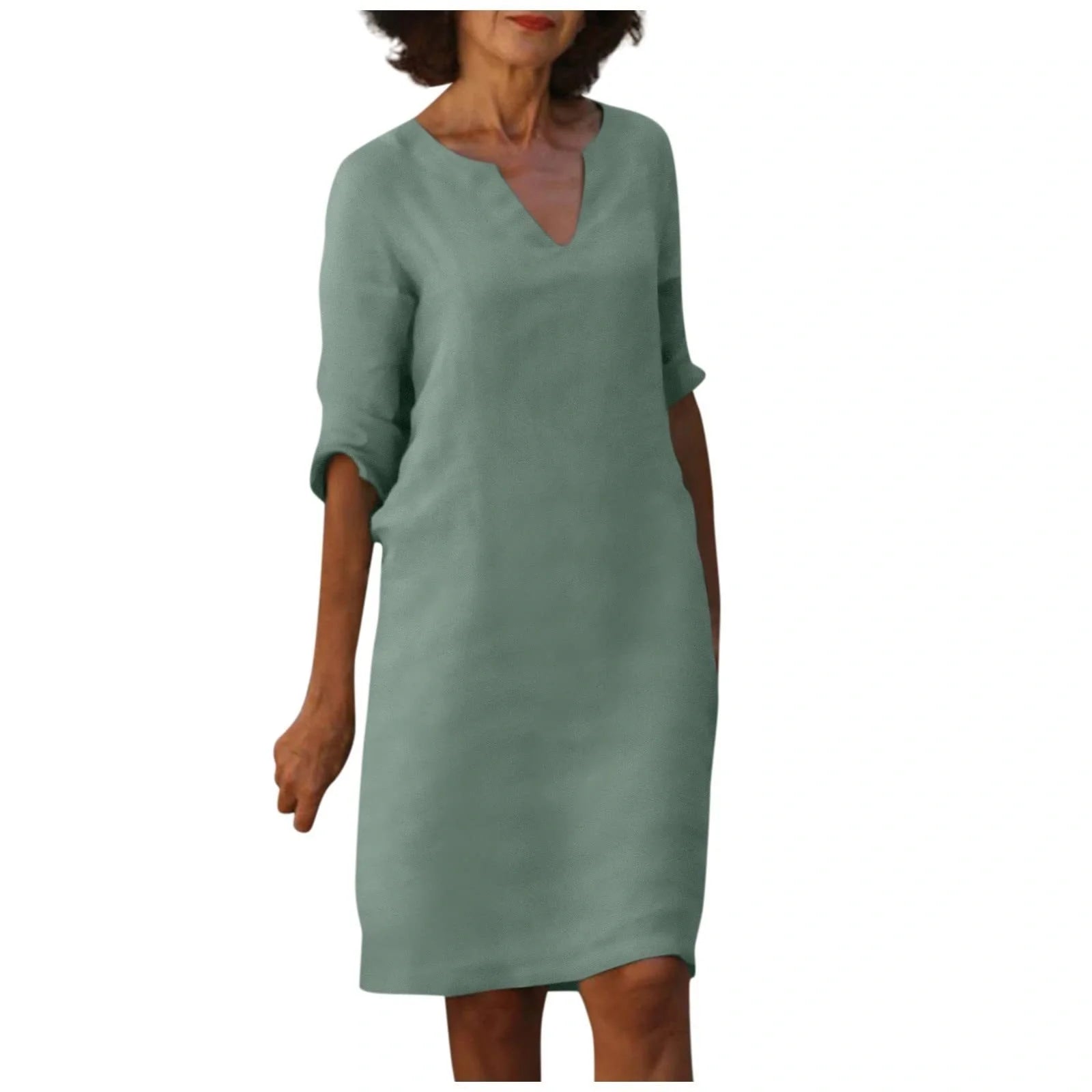 Retro high waist cotton-linen V-neck dress in various colours