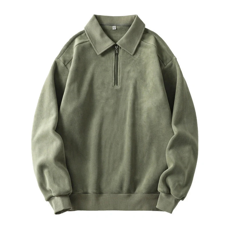 Premium fleece half-zip hoodie in black, haze green, and apricot yellow colours, featuring a tailored design and ribbed details for a refined look.