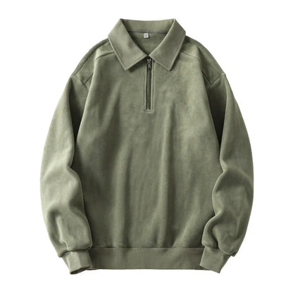 Premium fleece half-zip hoodie in black, haze green, and apricot yellow colours, featuring a tailored design and ribbed details for a refined look.