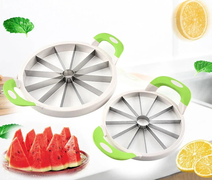 Premium stainless steel watermelon slicer with ergonomic non-slip handles for easy, precise fruit preparation