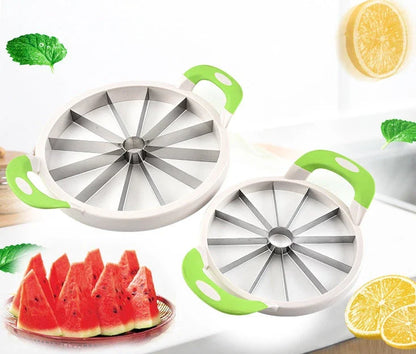 Premium stainless steel watermelon slicer with ergonomic non-slip handles for easy, precise fruit preparation
