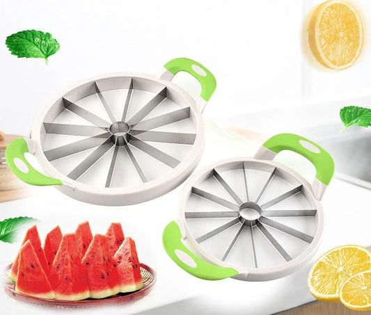 Premium stainless steel watermelon slicer with ergonomic non-slip handles for easy, precise fruit preparation