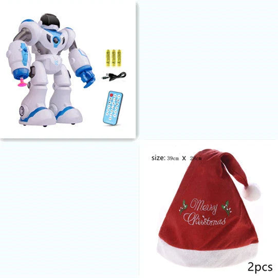 Remote-controlled dancing robot toy with gesture-sensing controls, preprogrammed songs and dances, and customizable programming capabilities