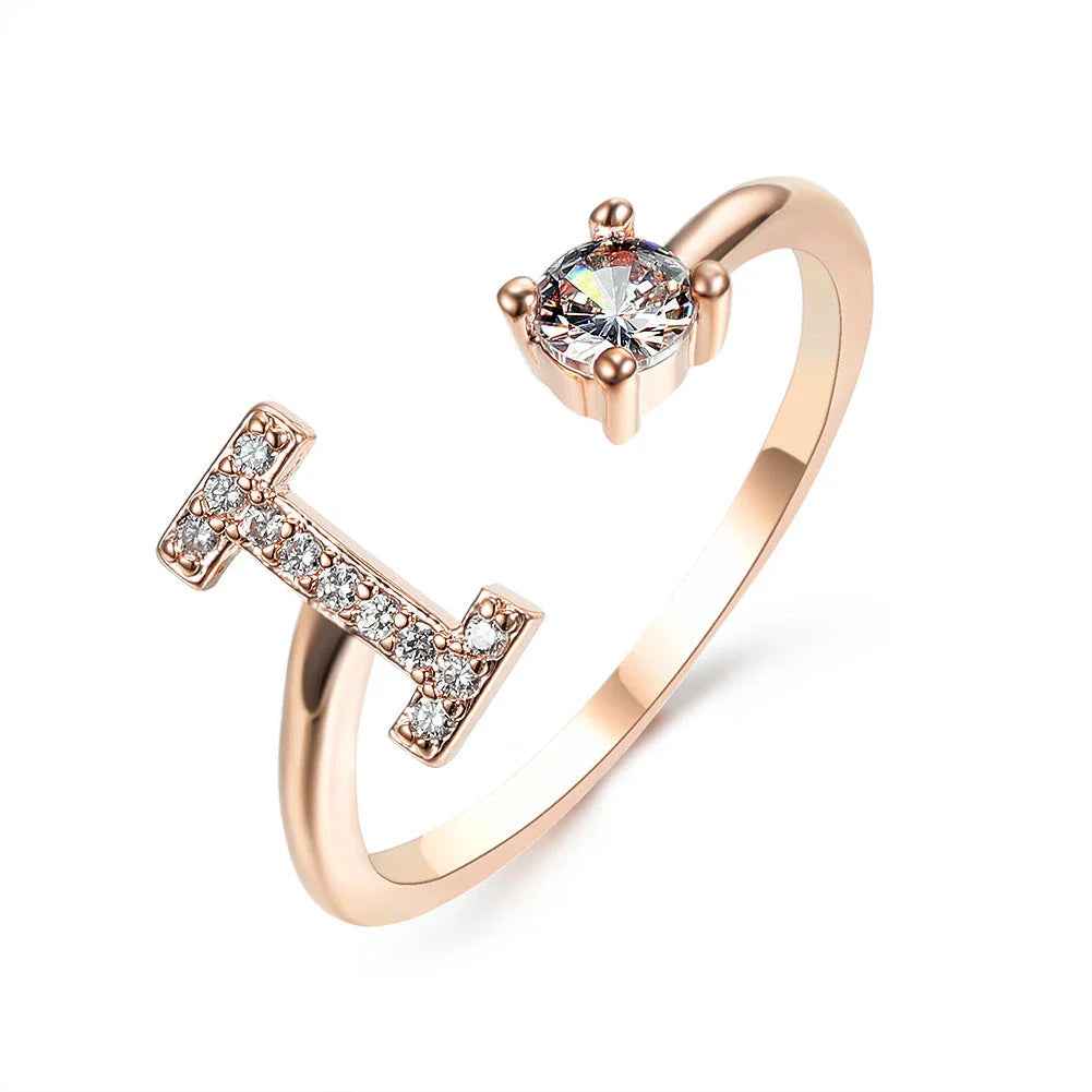 Customizable adjustable ring with 26 letters for women, featuring zircon stones and copper alloy construction