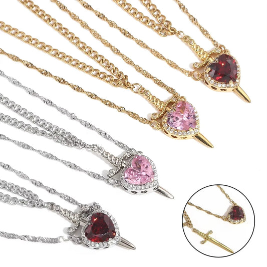 Exquisite Heart and Sword Couple Necklaces in gold and silver, symbolising love and protection