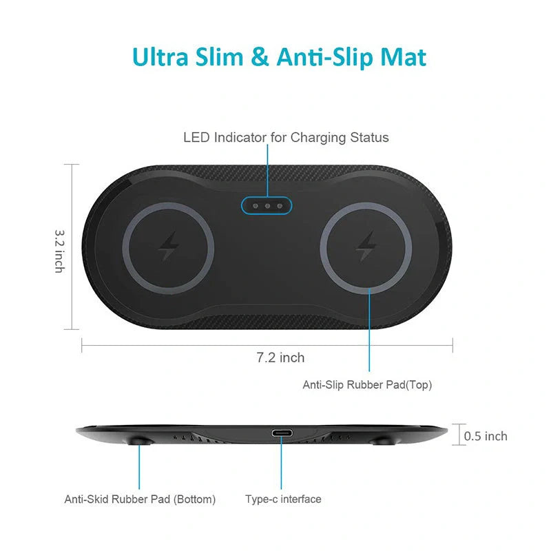 Dual wireless mobile phone charger in black and white, featuring intelligent temperature control