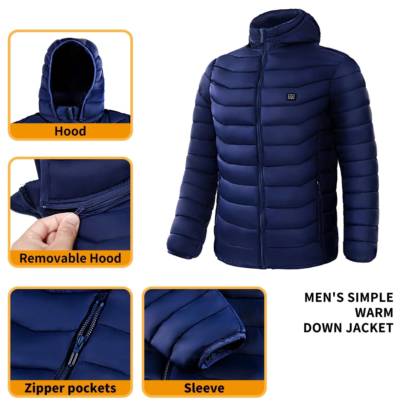 Men's electric heated puffer jacket for skiing with insulated hood