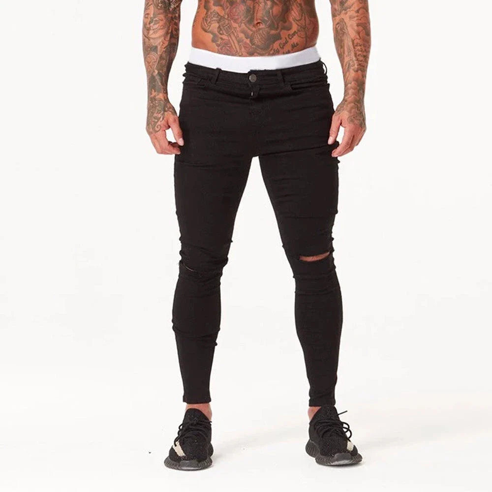 Premium cotton summer distressed skinny jeans for men with a slim, stretchy fit and an edgy, washed-out finish