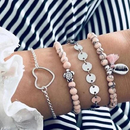 Bead Chain Bracelet Set featuring star and moon design in alloy material