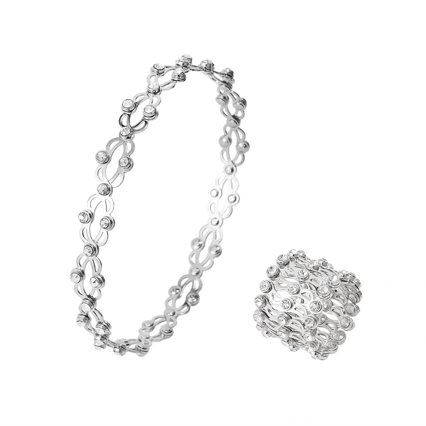2-in-1 folding retractable rings bracelet with rhinestone detail, adjustable design